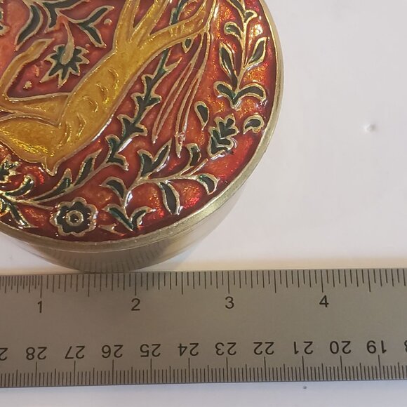 Vintage Enamel Jewelry Trinket Box Round Brass Top Cloisonne Deer Design - Picture 8 of 10